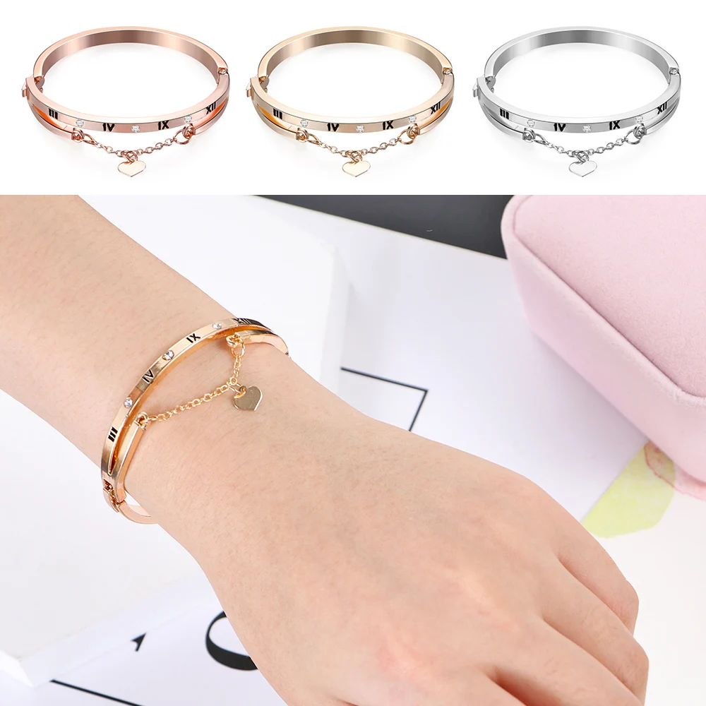 Women Charm Luxury Heart Dangle Bracelet Stainless Steel Forever Love Roma Letter Cuff Bangles