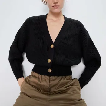 

Autumn and winter women's sweater casual solid color V-neck long-sleeved cardigan sweater