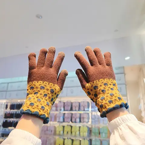 Green Winter Cute Thicken Stretch Touch Screen Gloves Imitation Cashmere Warm Mitten Full Finger Knitted Outdoor Ski Glove