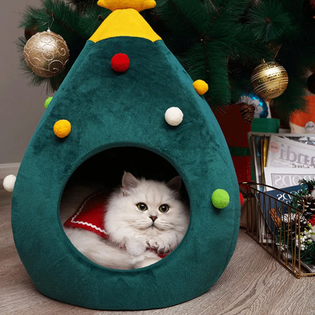 Hot sell Pet Cat Bed Indoor Kitten House Warm Half Closed Sleeping Bag Pet House Nest Cat Basket Portable Christmas Mats Winter