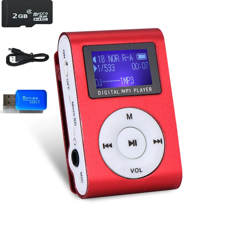2 Гб памяти автомобиля мини USB Клип ЖК-экран MP3 музыкальный плеер Поддержка MP3-плеер USB линия передачи данных наушники спортивный металлический музыкальный плеер - Цвет: Красный