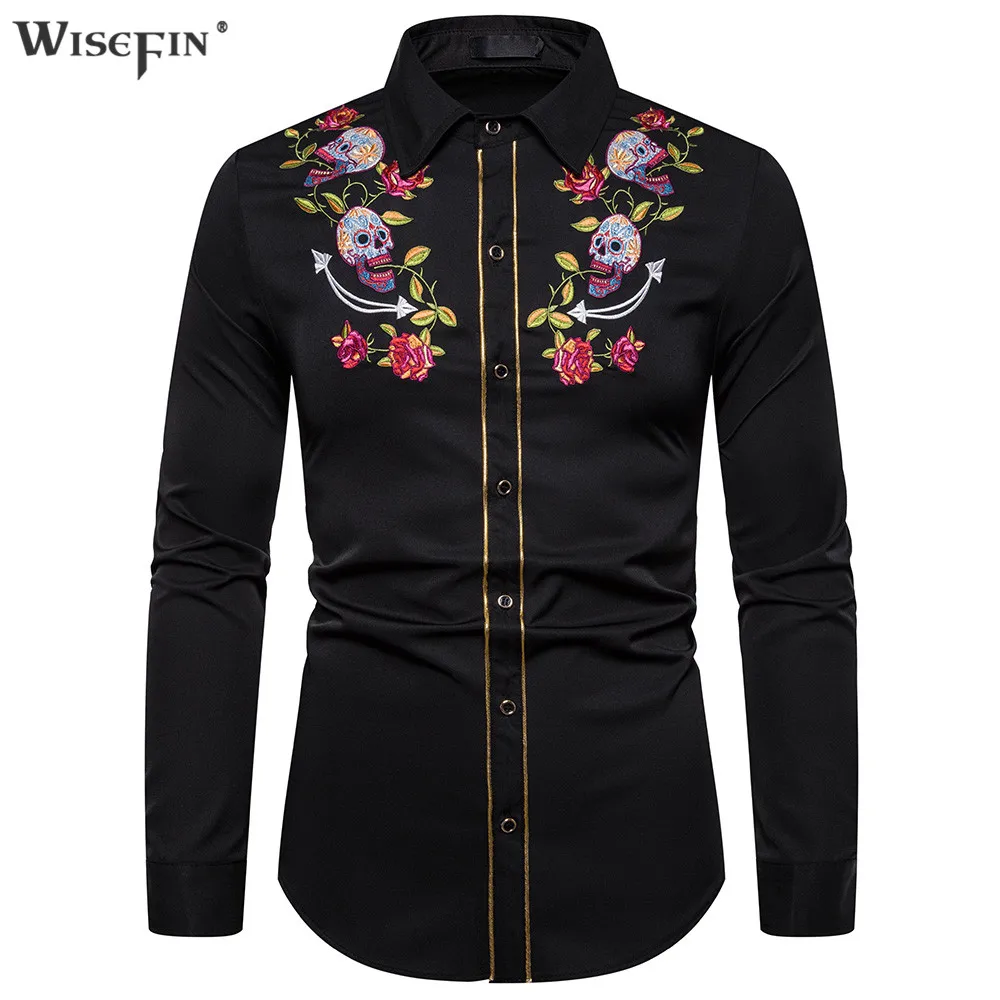 

New Arrival Embroidered Shirt Men Long Sleeve Turn Down Collar Man Shirts Skull Casual Men's Buttoned Shirt Europe Style D30