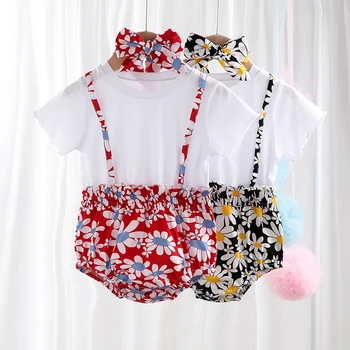 

New Summer Baby Girl Bodysuit Baby Short-sleeved Small Daisy Sling Print Jumpsuit Headband Children's Tights Outfits Suit