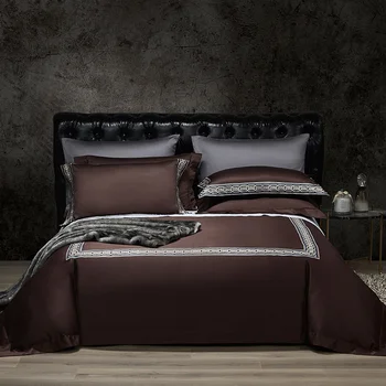 

4 Piece Bedding Set Luxury Egyptian Cotton Duvet Cover sets Dark Brown Grey Purple Bedsheets Embroidered Quilt Covers Bed Linen
