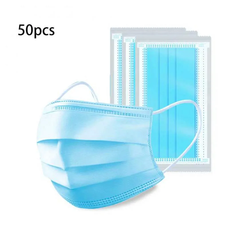 

Hot Sale 50 pcs Solid Color Face Mouth Masks Non Woven Disposable Anti-Dust Earloops Masks 3 Layer Filter Masks