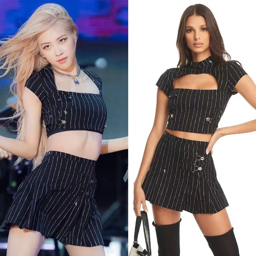 

kpop Blackpink Rose same Summer Two Piece Sets Women Sexy Black Striped T Shirt Tops+black Mini Skirts Dance show 2 piece set