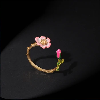 

Cute Enamel Pink Flower Leaf Branch Women Adjustable Rings Gold Color Free Size Open Finger Rings Vacation Party Jewelry JZ018