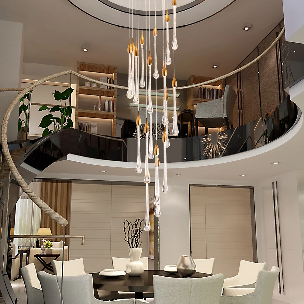  Luxury crystal led pendant lights fixture staircase long water drop kitchen restaurant rectangle ha - 4000048811463