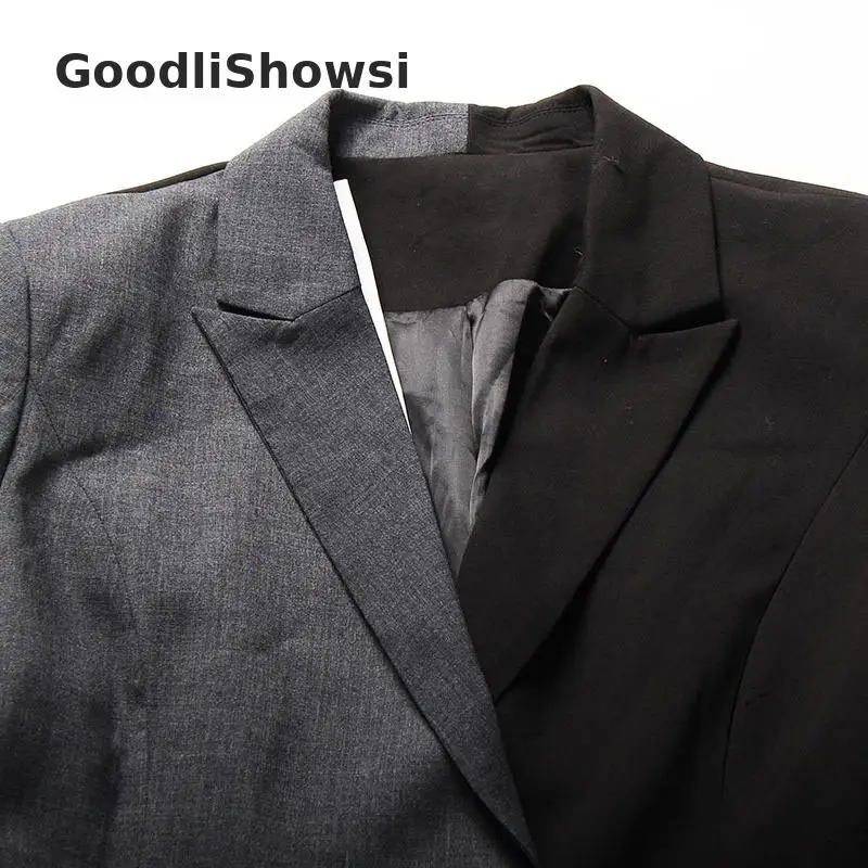 GoodliShowsi Высокая уличная мода Блейзеры контрастные цветные зубчатые лацканы плиссированные подол Лоскутные женские Необычные костюмы Топы