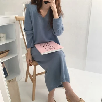 

Leiouna Casual V-Neck Solid Casual New 2020 Fahsion Autumn Winter Women Dresses Knitted Straight Fashion Prairie Midi Female