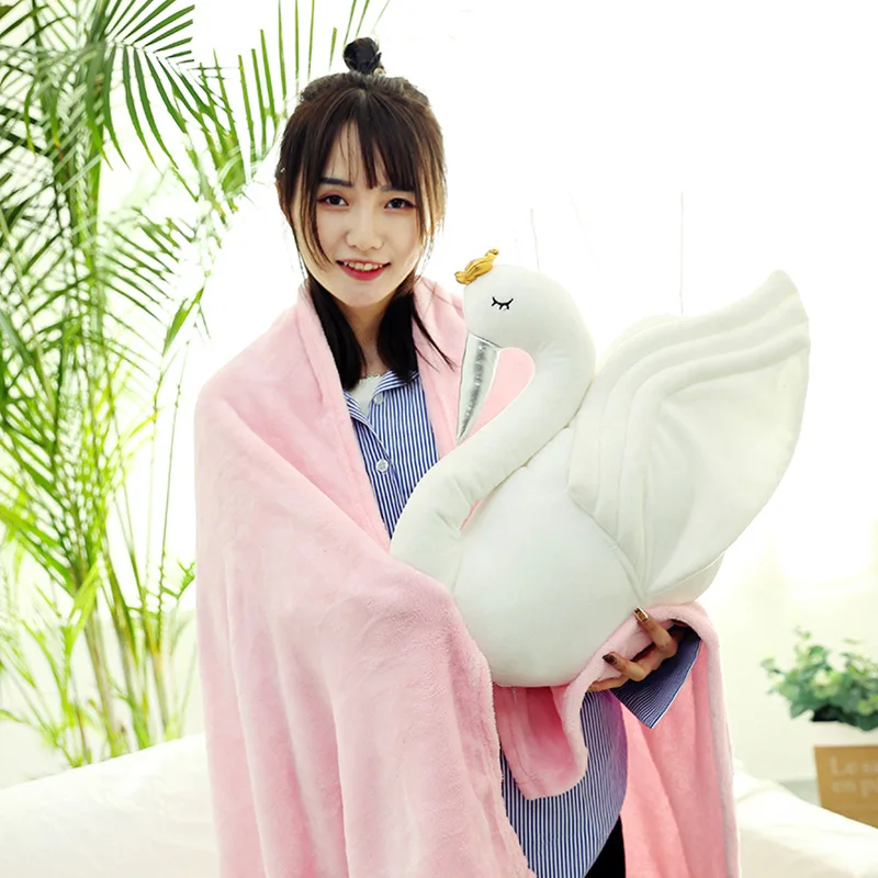 

Swan Airable Cover INS Cute Crown Swan Pillow Dual Purpose Airable Blanket Plush Toys wu xiu tan Summer Blanket