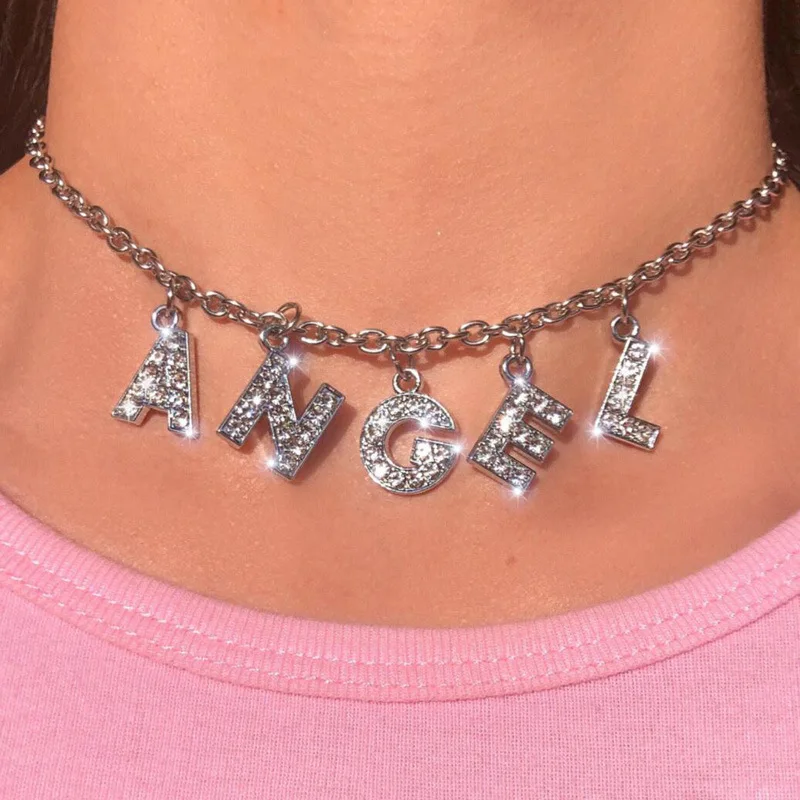 Angel Letter Bling Bling 90s Aesthetic Necklace Women Choker Unisex DIY ...
