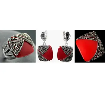 

Free Shipping Noble Red Carved Lacquer Marcasite 925 Sterling Silver Square Ring(#7-10) Earrings & Pandent jewelry sets