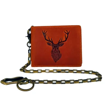 

Mens Small Vintage RFID Full Grain Genuine Cow Leather Slim Deer Huner Biker Chain Trucker Wallet Money Clip Bifold Brown
