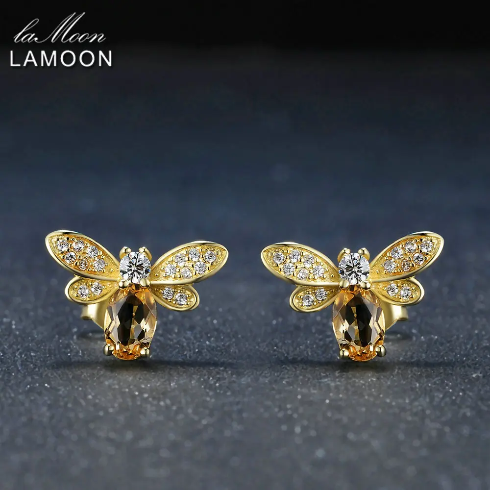 

LAMOON Bee Earring For Women 925 Sterling Silver Citrine Gemstone Stud Earrings 14K Yellow Gold Plated Fine Jewelry LMEI041