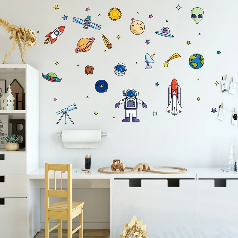

DIY spacecraft Cartoon Wall Stickers for Boy Kids Room Bedroom Decor Self Adhesive Poster Room Decoration PVC Wallpaper Mural