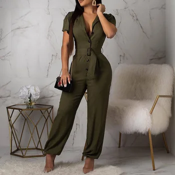 

Sexy Solid Color High Waist Belt Jumpsuits 2020 Summer African Women Rompers Casual Female Short Sleeve Jumpsuits Rompers Green