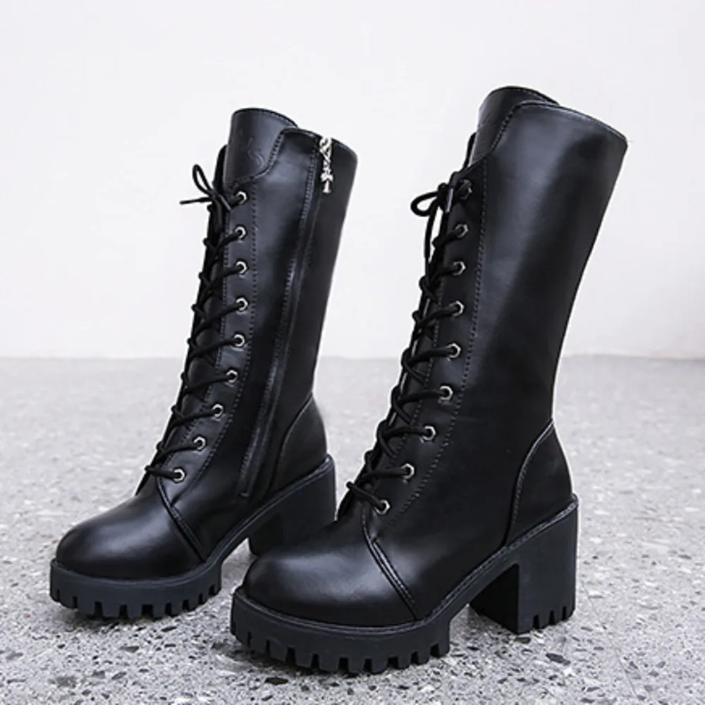 

2019 Spring Autumn Mid Calf Boots Woman Round Toe European Black Brand Shoes For Women Leather Boots