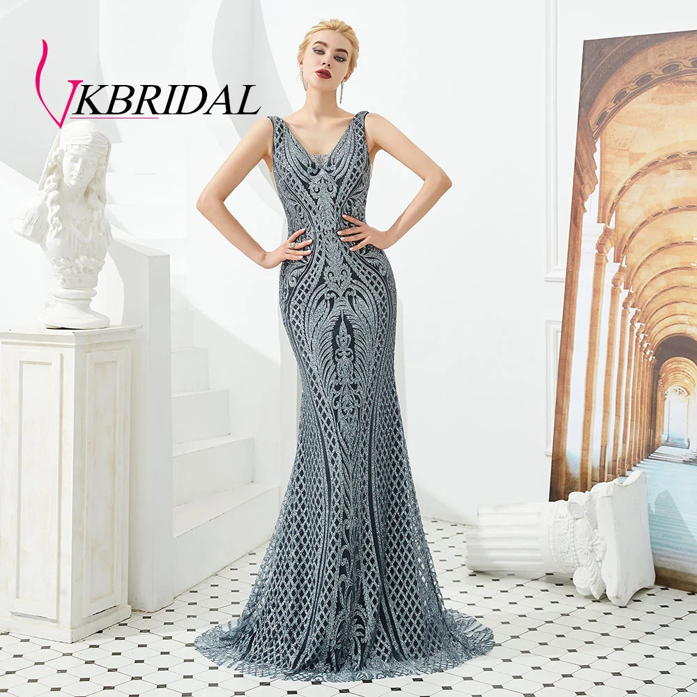 VKBRIDAL, блестящие вечерние платья русалка, длинные,, узор, расшитый бисером, кристалл, серый, официальное платье de soiree с v-образным вырезом на спине