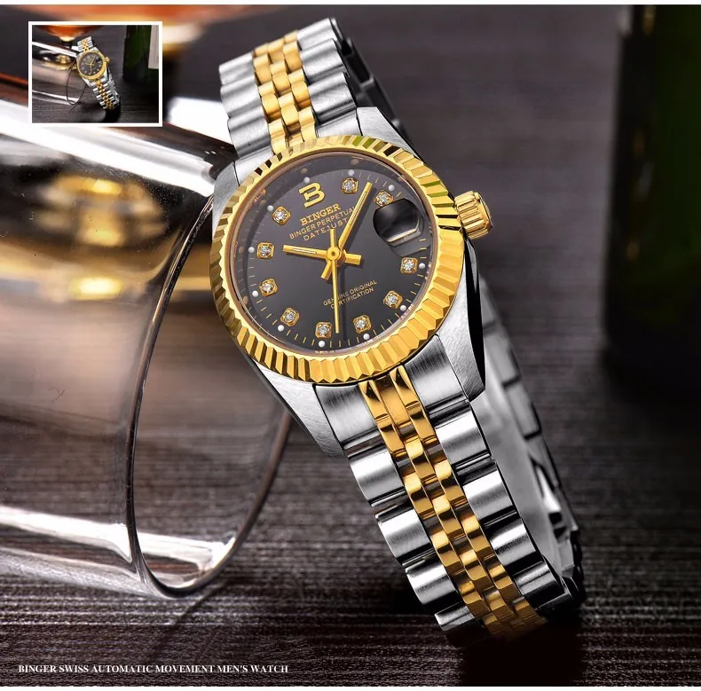 Автоматические механические часы Бингер с автоматическим заводом для мужчин и женщин, часы для влюбленных, модные роскошные брендовые наручные часы, Водонепроницаемость 100 м