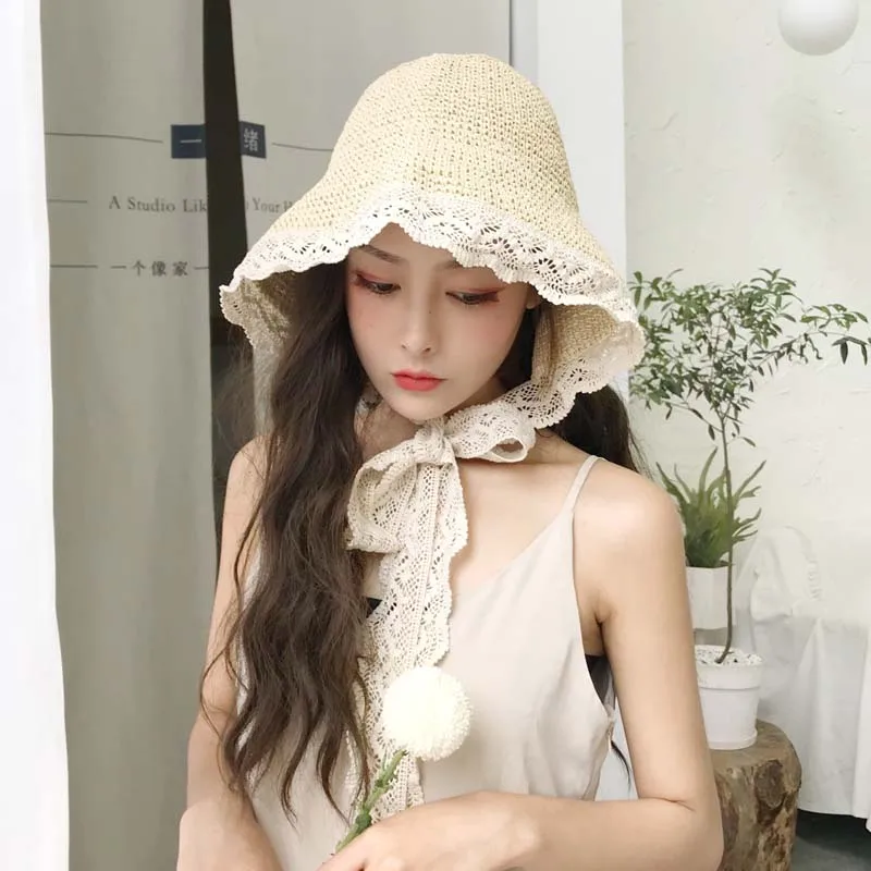 

Straw Hat Female Summer Lace Lace-up Small Beach Hat Hipster Seaside Holiday Sun Visor Small Brim Hat for Shose Women