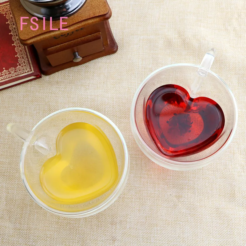 

2Pcs Heart Love Shaped Double Wall Glass Mug Resistant Kungfu Tea Mug Milk Lemon Juice Cup Drinkware Lover Coffee Cups Mug Gift