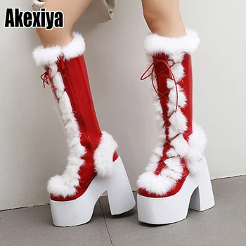 

Womens Real Rabbit Fur Furry Platform Knee Snow Keep warm Boots Block Chunky High 15CM Heel Shoes Patent leather White Plus Size