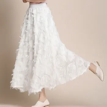 

New Summer Long Skirt Women Spring Feather Tassel Skirts Female Elegant Runway Skirt Maxi Party Jupe Faldas Largas Mujer