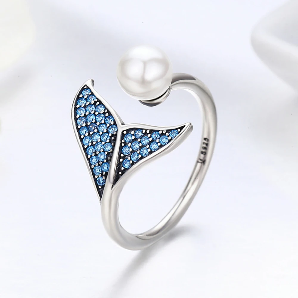 

TKJ 925 Sterling Silver Mermaid Tail Ring for Women Charms Adjustable Jewellery Cocktail Party Valentine's Day Gift