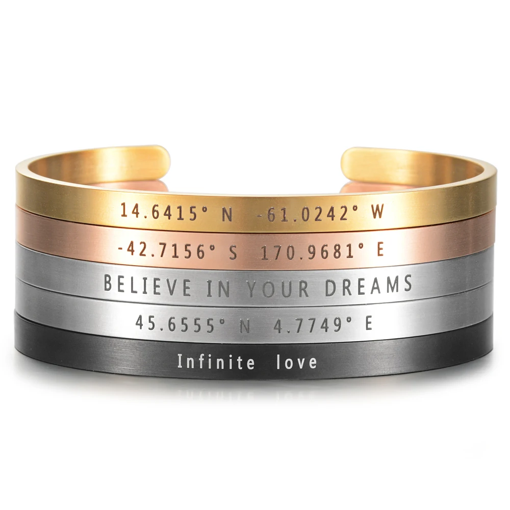 5mm Width Brushed Stainless Steel custom Personalized coordinate Bangles Laser Engrave Adjustable Open Cuff Travel bracelet Gift stainless steel engrave name bangles cuban chain necklace jewelry sets custom name date watch chain removable pendant necklac