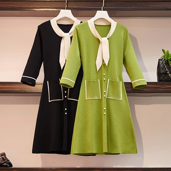 

Large Women's Fat Mm Autumn Close Waist 7-sleeve Knitted Skirt Fat Younger Sister's Aging Little Fragrant Dress