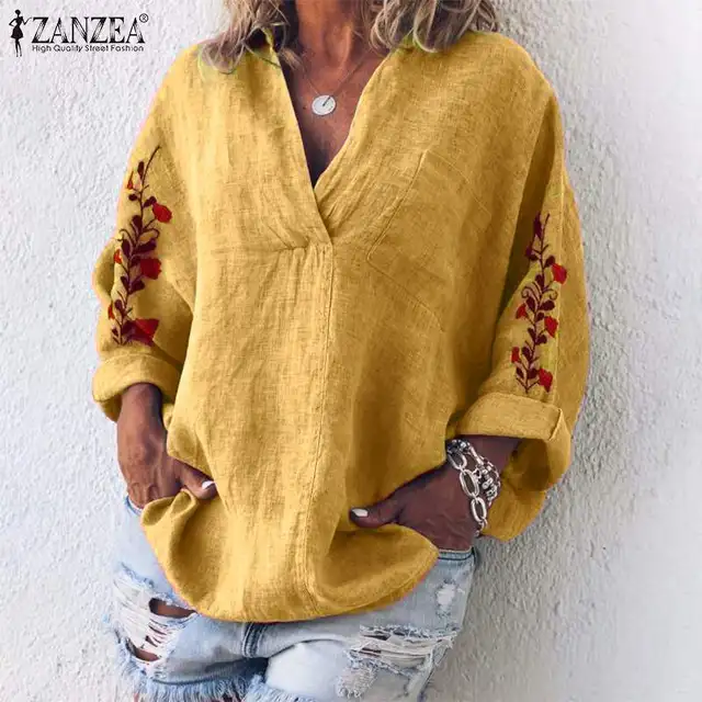 US $12.49 Women V Neck Long Sleeve Blouse Floral Embroidery Tops ZANZEA Autumn Cotton Linen Shirt Femme Robe 