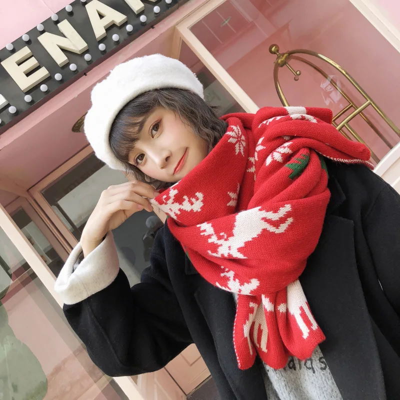 Winter Scarves Women Korean Girls Sweet Vintage Christmas Lovely Elks Printed 2 in 1 Warm Shawl Long Blacket Scarf Red Gifts