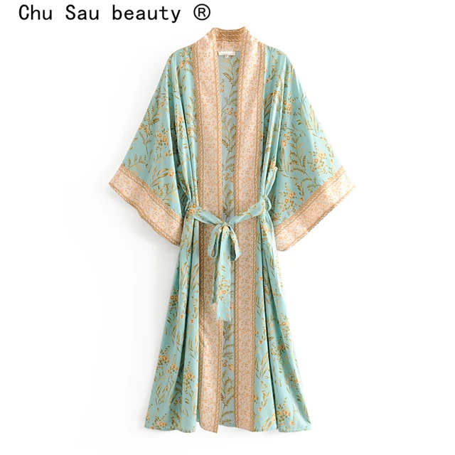 2020 New Hot Selling Vintage Boho  Floral Print Long Kimono Cardigan  Summer Tops Belted Beachwear Vestido Blusas Mujer 1