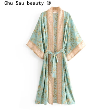 Kimono Vintage con estampado Floral para Mujer, Rebeca larga con estampado Floral, Tops con cinturón, ropa de playa, novedad de 2020