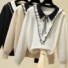 Ljsxls sueter mujer invierno 2020 outono camisola de manga longa feminino babados arco de malha blusas pulôveres inverno puxar femme