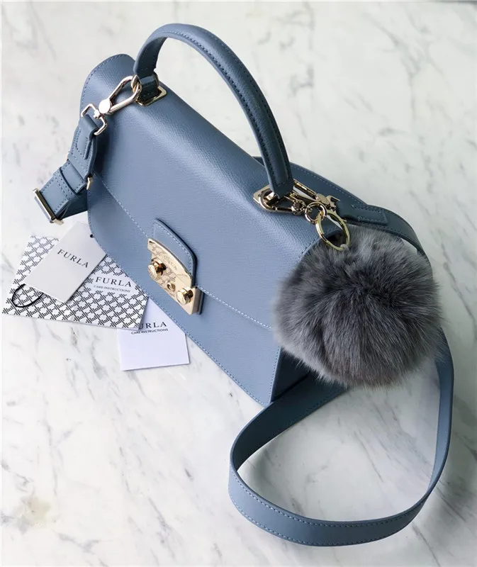 Оригинальные женские сумки FURLA, высокое качество, большие размеры, женские меховые кожаные сумки небесно-голубого цвета, Размер 23 см* 8 см* 17,5 см