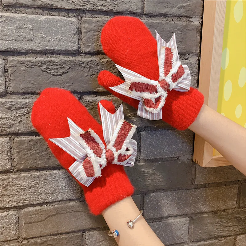 Fashion Women Warm Winter Knitted Full Finger Gloves Mittens Girl Female Solid Woolen RED Gloves Christmas Luvas