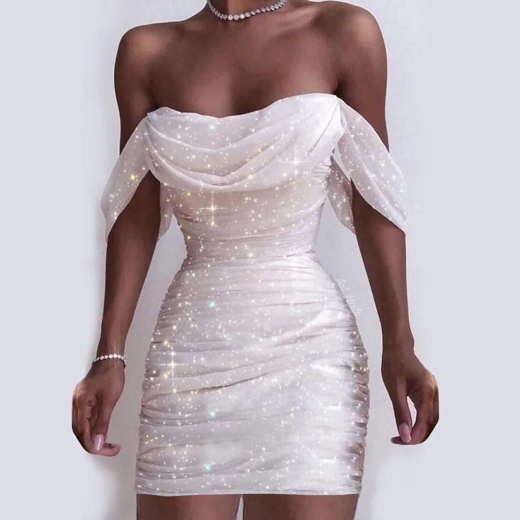 Bodycon Witte Jurk Off Shoulder Witte Glitter Jurk
