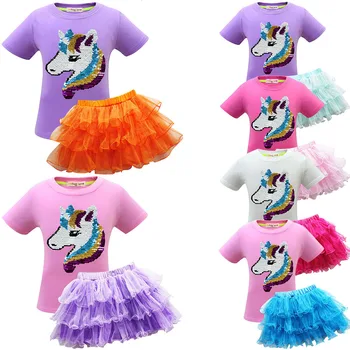 

22019 Unicorn Unicorn Children Suit Baby Suit Skirt Short Sleeve Thick And Disorderly Skirt