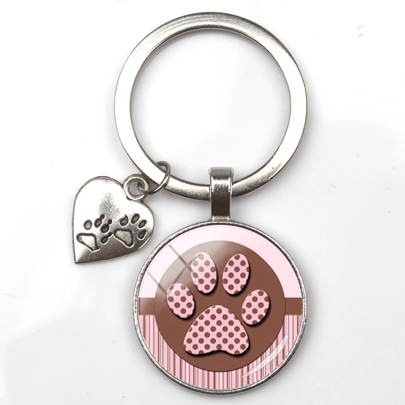 

Fashion cute animal paw print keychain cat dog I love glass pendant mini heart keyring car key man girl favorite gift souvenir