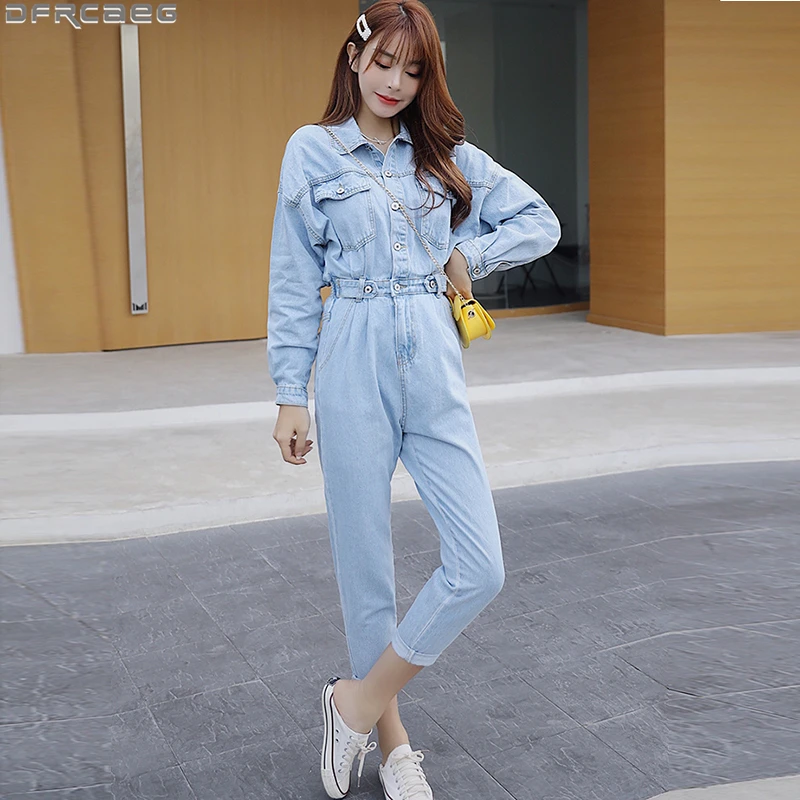 New Blue Bodycon Jeans Jumpsuit Women Elastic High Waist Rompers Pocket Long Sleeve Bodysuit Fashion Tunic Ladies Denim Overalls