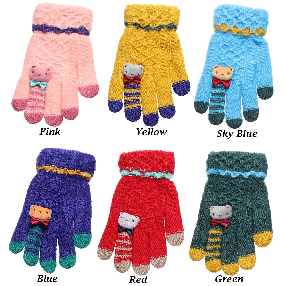 Детские зимние теплые вязаные перчатки для мальчиков и девочек, мягкие толстые варежки с длинными пальцами, От 5 до 10 лет с милым медведем из мультфильма, детские перчатки