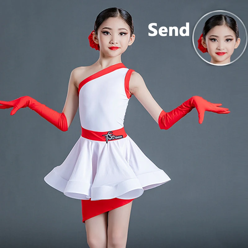 

Детские костюмы для латиноамериканских танцев, платье для девочек без рукавов, топ с разрезом, юбки, платья для соревнований по бальному танцу SL5256