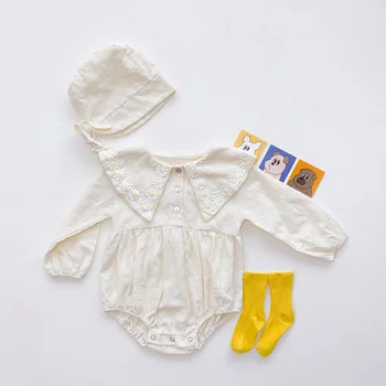 

Kids Bodysuit 2020 Toddler Girls Long Sleeve Clothes Spring Autumn Baby Girls Cotton Bodysuit Large Lapel Flower Embroidery 0-3T