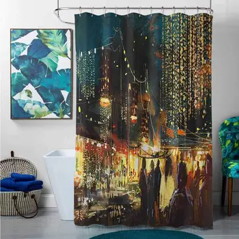 

Shower Curtains Teal and Gray Night,Painting of Shopping Street City with Colorful Nightlife Abstract Brushstrokes Art,