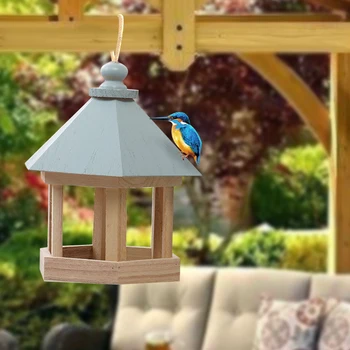 

Outdoor Wooden Birds House Shaped Feeder Food Container with Hang Rope for Garden Park Bird Feeder Hotel