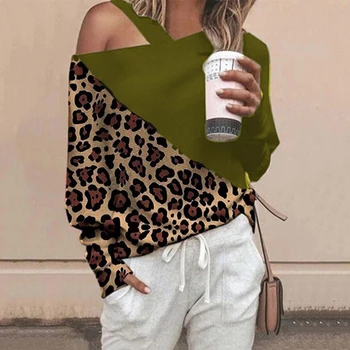 

Women Spring Leopard Long Sleeve Plus Size Ladies Shirt Oversize off shoulder Fashion Shirts