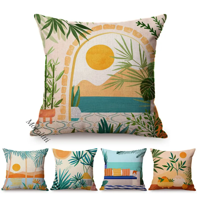 

Чехол для подушки с изображением Морского Пейзажа, экзотических водных цветов, украшение для детской комнаты с тропическими растениями, наволочки для дивана, Льняные Подушки