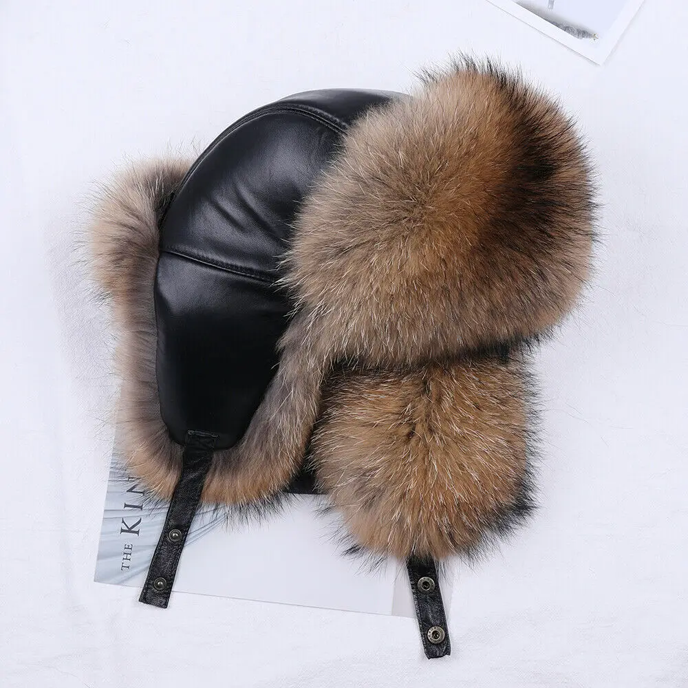 Winter Men's 100% Real Silver Fox Fur Bomber Hat Raccoon Fur Ushanka Cap Trapper Russian Man Ski Hats Caps Real Leather